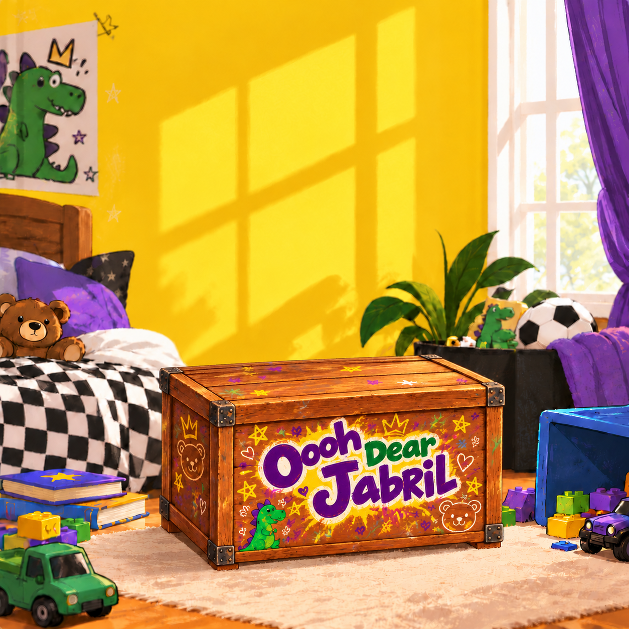 Jabril’s sunny yellow dinosaur bedroom with his wooden toy chest on the rug