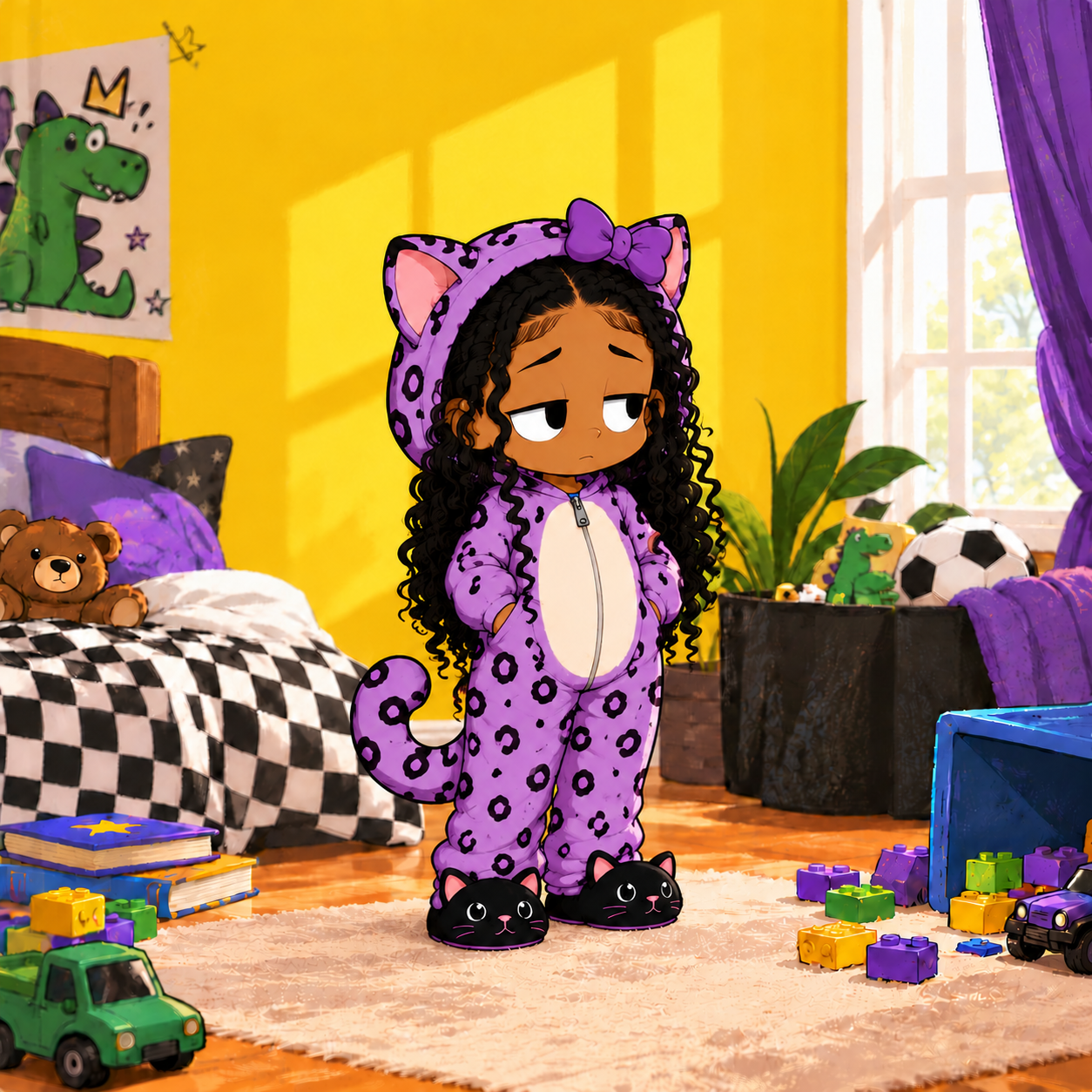 CeCe in Jabril’s yellow bedroom, wearing a purple cat onesie and black cat slippers