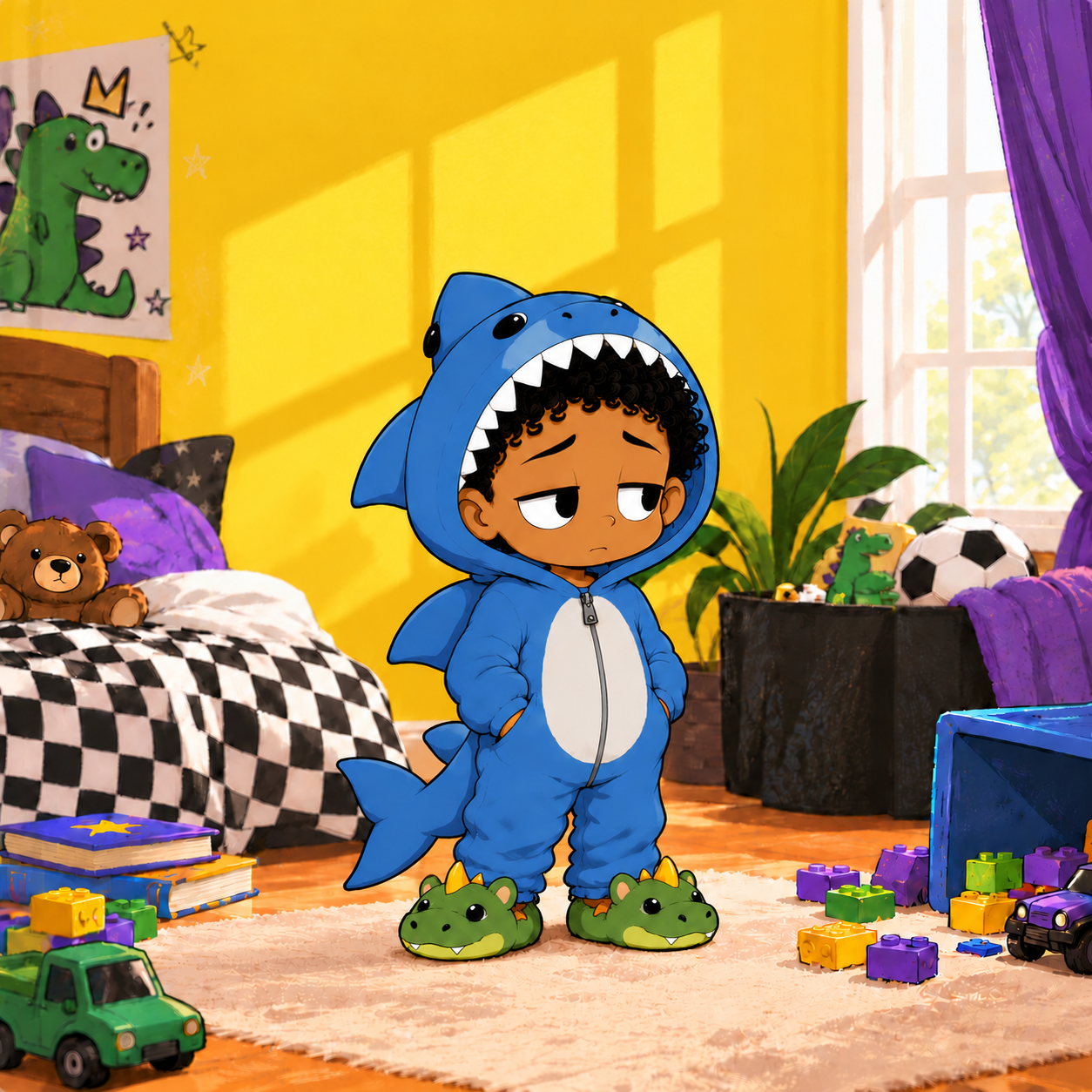 JoJo in Jabril’s yellow bedroom, wearing a blue shark onesie with dinosaur slippers