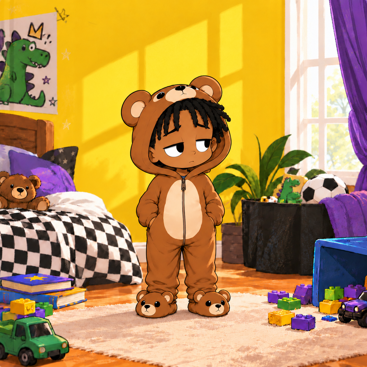 King in Jabril’s yellow bedroom, wearing a brown bear onesie and bear slippers