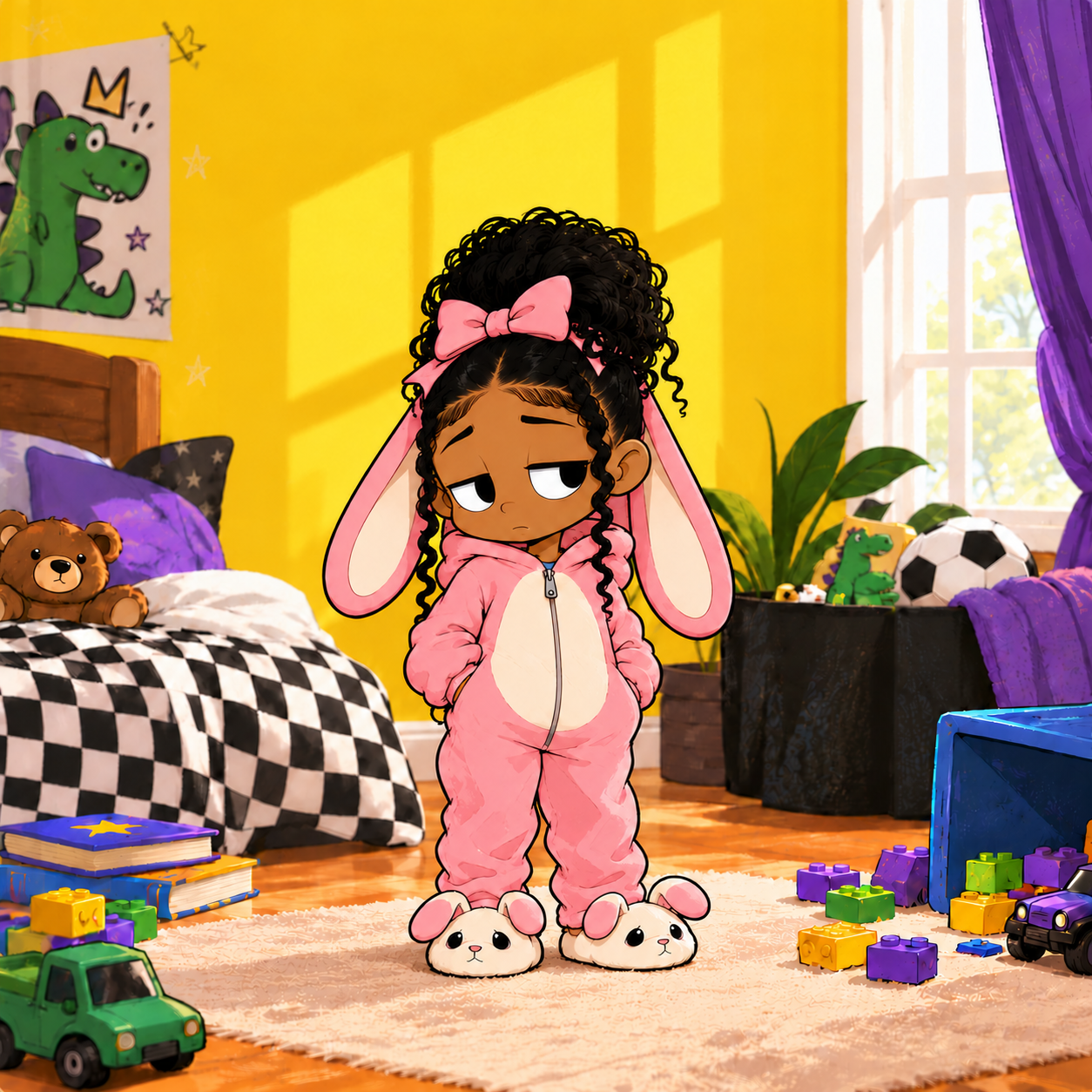 Mimi in Jabril’s yellow bedroom, wearing a pink bunny onesie and bunny slippers